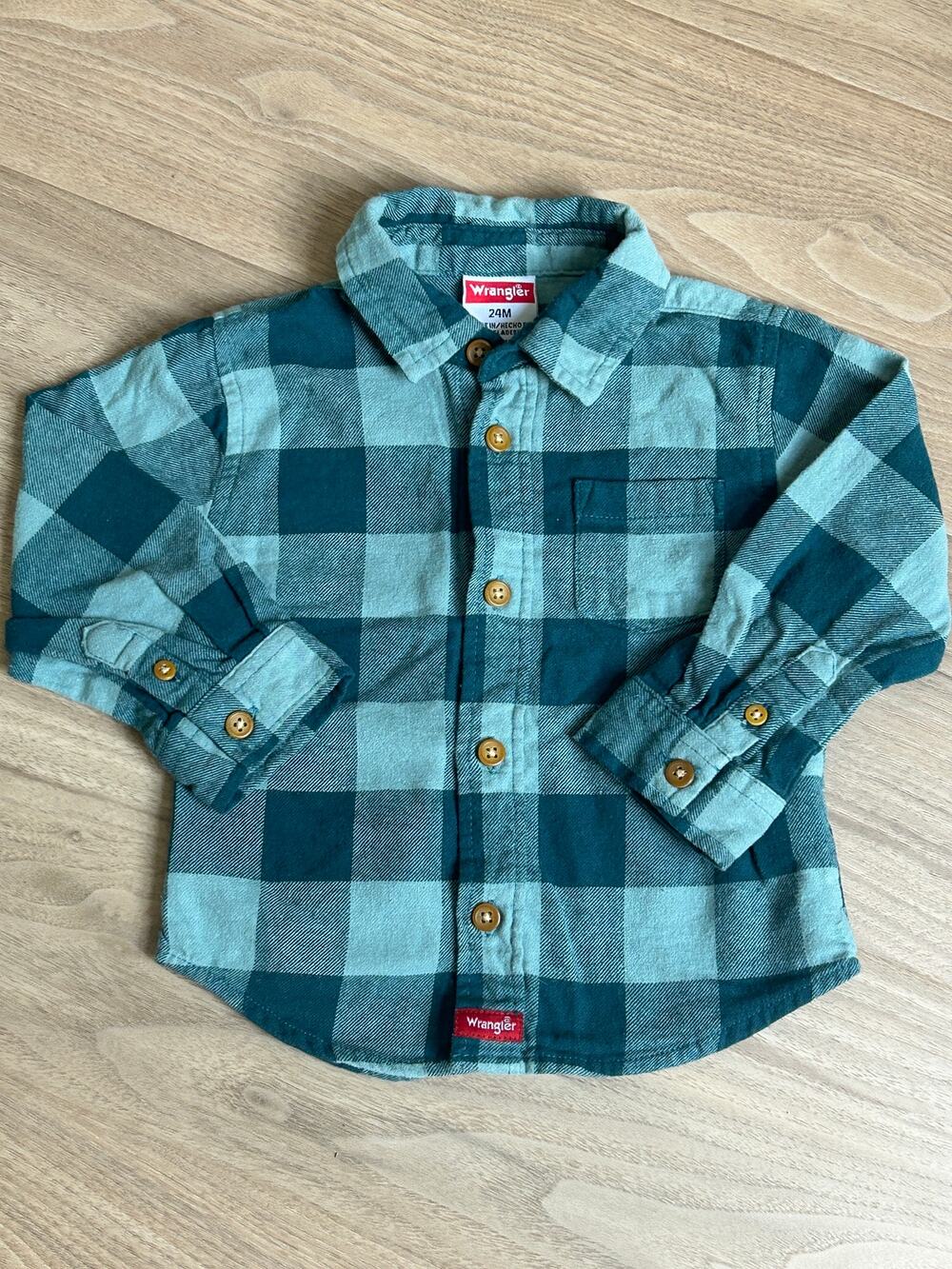 Toddlers 24 Month Wrangler Plaid Fleece Button Down Shirt Teal/Buffalo Green